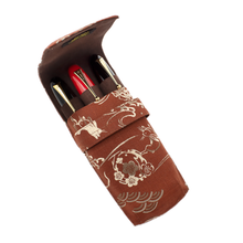 Load image into Gallery viewer, Interior view of the Crimson Hare pen case, showing three Namiki Yukari Royale fountain pens fitted inside. (Pens not included).