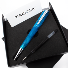 Load image into Gallery viewer, The Callisto pen in ocean Blue, arranged in its presentation box.