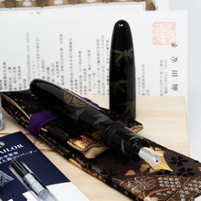 Load image into Gallery viewer, The fountain pen with the cap set to the side. Both are arranged with the boxes, documents, cartridge converter and kimono case.