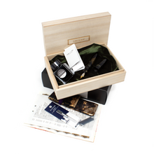 Load image into Gallery viewer, The Fountain Pen arranged in the presentation box with an ink bottle, documents, a kimono case, ink cartridges, ink converter, and the outer card stock box.
