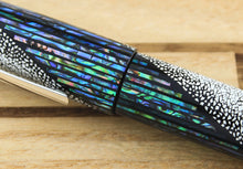 Load image into Gallery viewer, Close up to the blue abalone and quail egg shells on the cap and body.