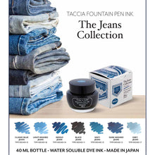 Load image into Gallery viewer, Graphic showing different blue tones of 40 milliliter ink bottles, inspired by the blue and black tones in jeans.