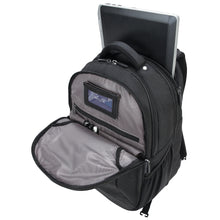 Load image into Gallery viewer, Angled top view of the backpack showing the front pocket unzipped, and a laptop peeking from the back compartment.