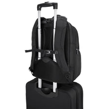 Load image into Gallery viewer, Back panel view showing the attachment strap holding on to the extended telescopic handle of a suitcase.