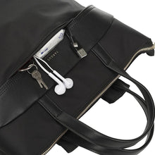 Load image into Gallery viewer, Angled view of the front panel unzipped with a set of earphones, a USB cable, a bag of kleenex, and a set of keys peeking from it.