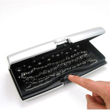 Load image into Gallery viewer, Angled front view of the silver case's second compartment opened.