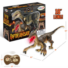 Load image into Gallery viewer, The dinosaur arranged with the controller and packaging, showing its dimensions.