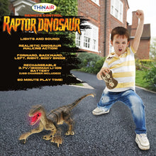 Load image into Gallery viewer, A small boy playing with the remote controlled dinosaur.