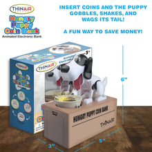 Load image into Gallery viewer, Angled view of the puppy coin bank with the packaging showing features and dimensions.