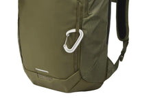 Load image into Gallery viewer, Angled side panel view of the backpack with a snaphook / carabinder attached to the side panel's daisy chain.