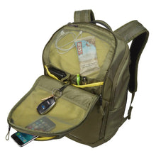 Load image into Gallery viewer, The front panel shown unzipped with a granola bar, keys, pens, battery bank, charging cable and phone arrange in the organized pockets.