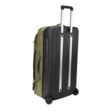 Load image into Gallery viewer, Angled back panel view of the olivine green suitcase.