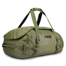 Load image into Gallery viewer, Angled front panel view of the Olivine Green duffle bag.