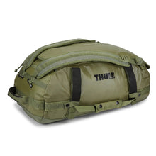 Load image into Gallery viewer, Angled view of the olivine green duffle bag showing the shoulder straps on the top panel.