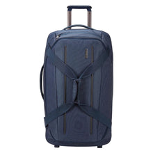 Load image into Gallery viewer, Front panel view of the dress blue wheeled duffle bag.