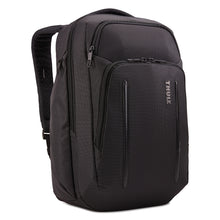 Load image into Gallery viewer, Angled front panel view of the black backpack.