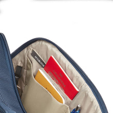 Load image into Gallery viewer, Close up to the interior with a notebook and passport tucked into the RFID blocking pocket.