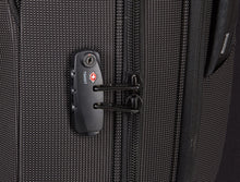Load image into Gallery viewer, Close up to the black suitcase's TSA approved three-digit combination lock.