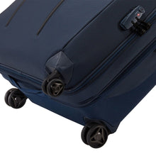 Load image into Gallery viewer, Close up to the wheels on the blue suitcase.