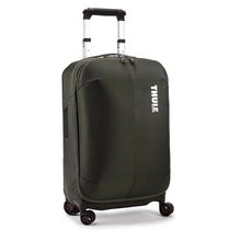 Load image into Gallery viewer, Angled front panel view of the black spinner suitcase.