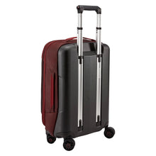 Load image into Gallery viewer, Angled back panel view of the ember red suitcase. The back panel is made of black poly-carbonate to protect your items.
