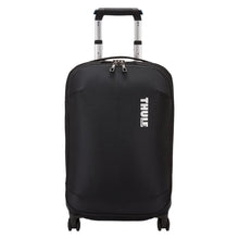 Load image into Gallery viewer, Front panel view of a black suitcase with the telescopic handle partly extended.