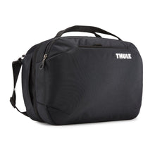 Load image into Gallery viewer, Angled front panel view of the black bag. The Thule logo is printed in white on the top right corner.