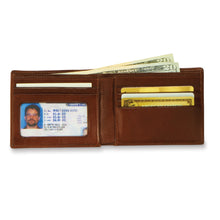 Load image into Gallery viewer, Interior view of the brown wallet with cash, and ID and cards inside the compartments.
