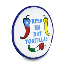 Load image into Gallery viewer, Angled front view of the tortilla warmer with three flag themed chiles and text: KEEP EM HOT TORTILLAS