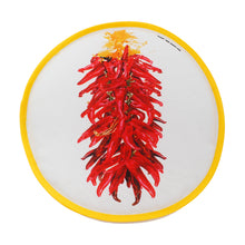 Load image into Gallery viewer, Front view of the Gold Ristra tortilla warmer. It features a print of red ristra chiles and a thin yellow fabric outlining the edge.