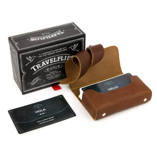 Load image into Gallery viewer, The Spanish Travelflips box with the cards arranged inside the included leather case.