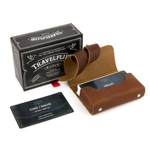 Load image into Gallery viewer, The Italian Travelflips box with its cards arranged inside the included leather card case.