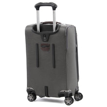 Load image into Gallery viewer, Angled back panel view of the suitcase with the telescopic handle partly extended.