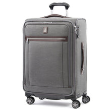 Load image into Gallery viewer, Angled front panel view of the gray suitcase.