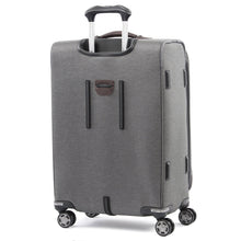 Load image into Gallery viewer, Angled back panel view of the gray suitcase. The telescopic handle is partly extended.
