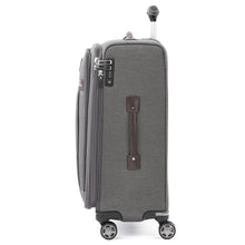 Load image into Gallery viewer, Side panel view of the suitcase. it features a TSA lock on the top left corner, and a brown grab handle at the center.
