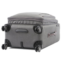 Load image into Gallery viewer, Angled bottom panel view of the suitcase. It features four spinner wheels and a grab handle.