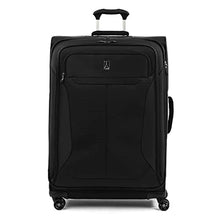 Load image into Gallery viewer, Front panel view of the black suitcase with the telescopic handle partly extended.
