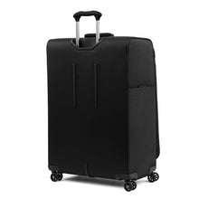 Load image into Gallery viewer, Angled back panel view of the black suitcase with the telescopic handle partly extended.