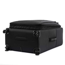 Load image into Gallery viewer, Angled bottom panel view of the black suitcase. It features four spinner wheels and a grab handle.