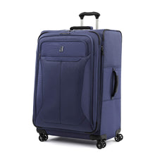 Load image into Gallery viewer, Angled front panel view of the blue suitcase with the telescopic handle partly extended.