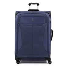 Load image into Gallery viewer, Front panel view of the blue suitcase with the telescopic handle partly extended.