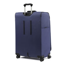 Load image into Gallery viewer, Angled back panel view of the blue suitcase with the telescopic handle partly extended .