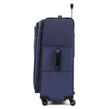 Load image into Gallery viewer, Side panel view of the blue suitcase with the telescopic handle partly extended. It features a grab handle.