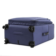 Load image into Gallery viewer, Angled back panel view of the blue suitcase. it features four wheels and a grab handle.