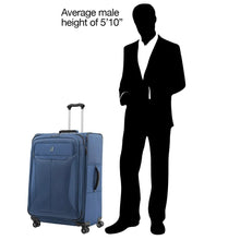 Load image into Gallery viewer, The blue suitcase set next to a drawn 5-foot, 10-inch model for size comparison.