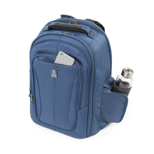 Load image into Gallery viewer, Angled front panel view of the blue backpack. The side pocket has a water bottle (not included). A cellphone is placed inside the front pocket.