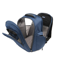Load image into Gallery viewer, Angled side panel view of the backpack with all the compartments unzipped.