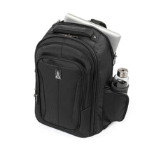 Load image into Gallery viewer, Angled view of the backpack. A laptop peeks from the back panel, and a bottle is placed inside the side pocket. (Accessories not included).