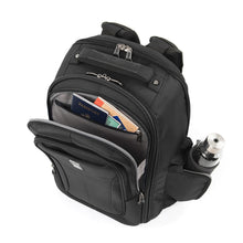 Load image into Gallery viewer, Angled top view of the backpack with the front pocket unzipped and filled with travel documents.